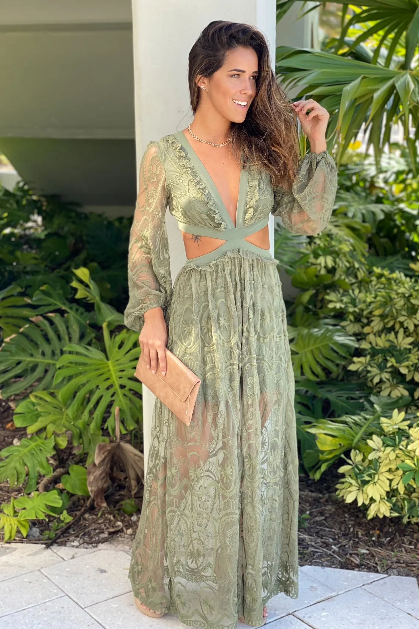 Olive Lace Maxi Dress With Cut Out And Long Sleeves