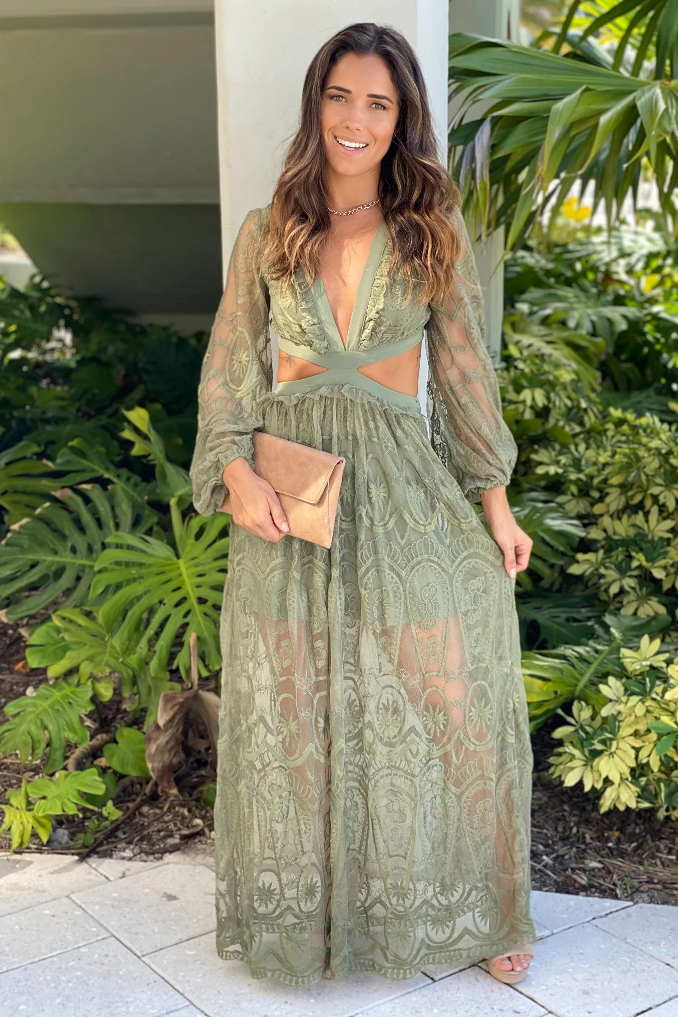 Olive Lace Maxi Dress With Cut Out And Long Sleeves