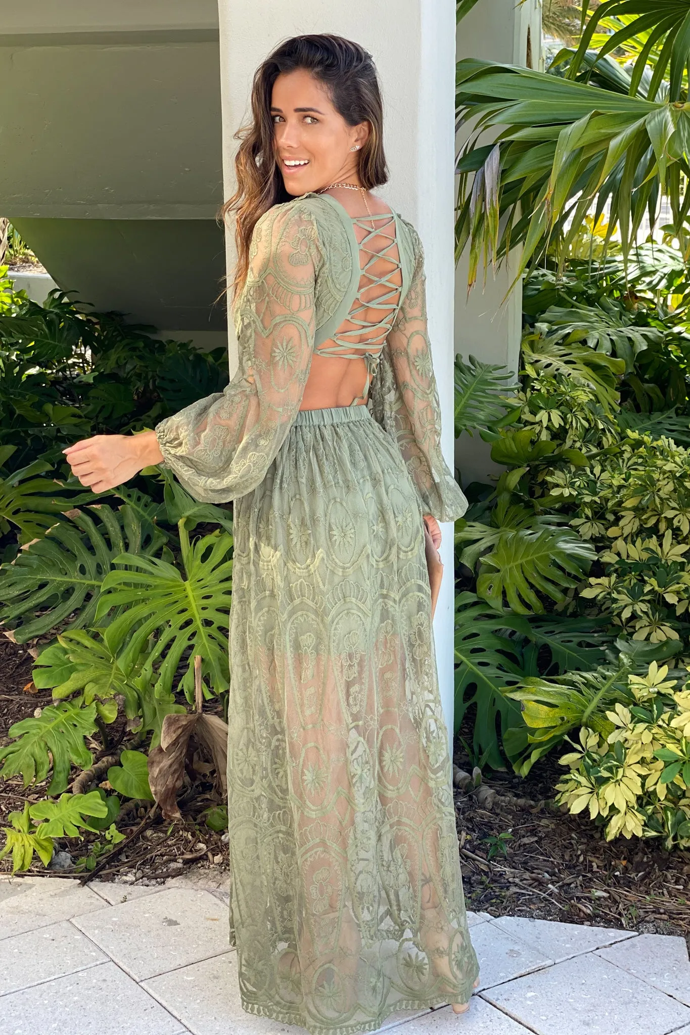 Olive Lace Maxi Dress With Cut Out And Long Sleeves