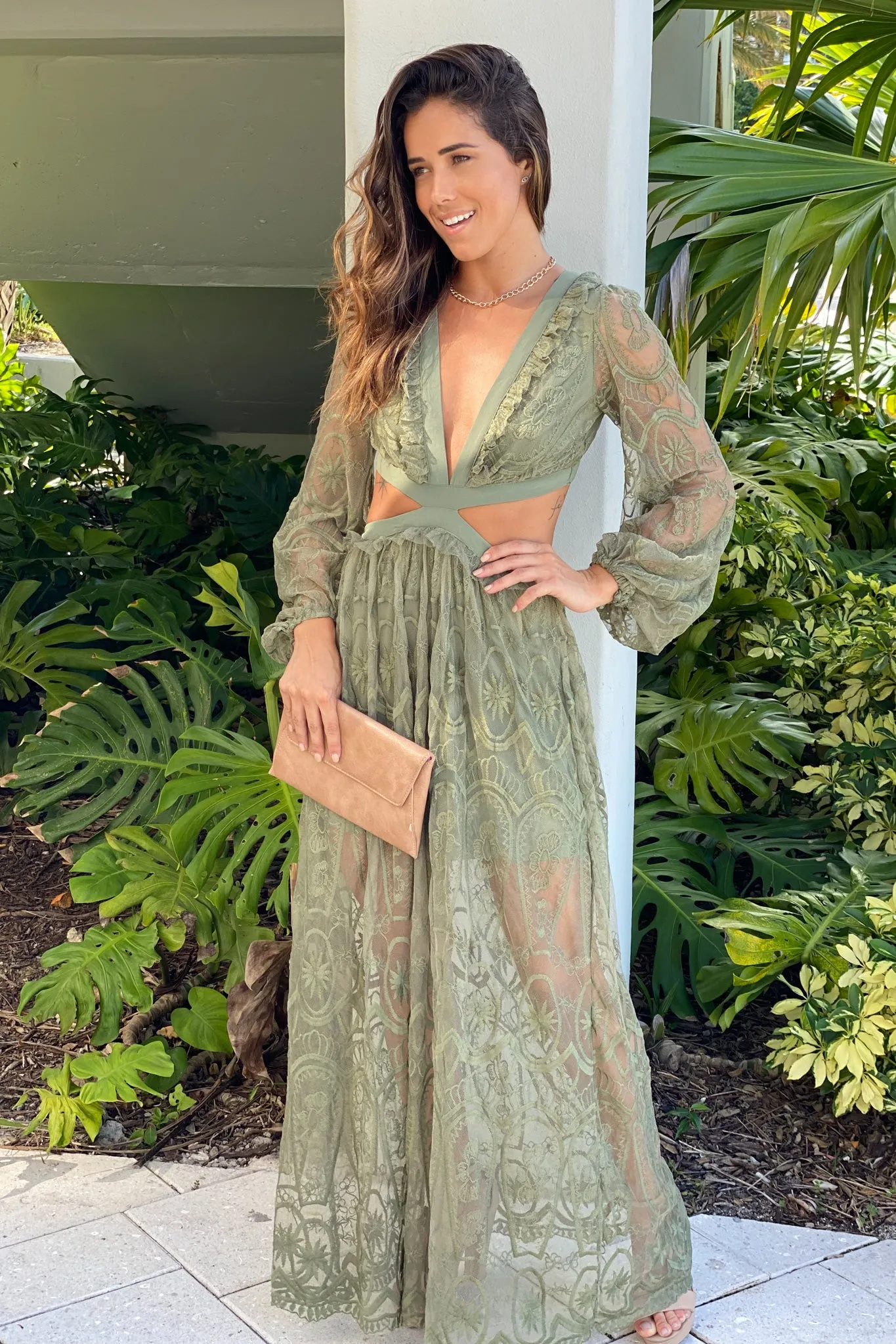 Olive Lace Maxi Dress With Cut Out And Long Sleeves