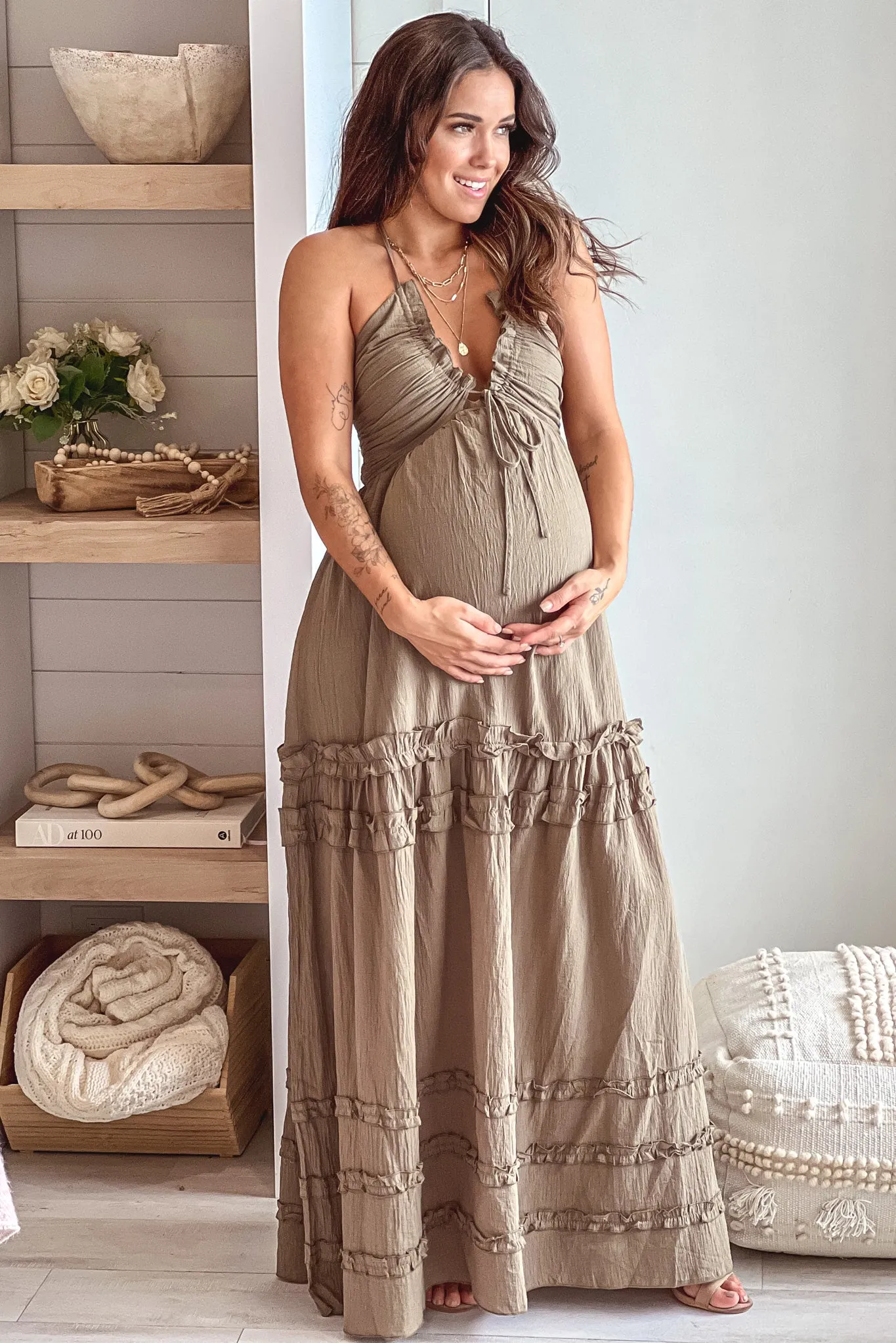 Olive Maternity V-Neck Maxi Dress