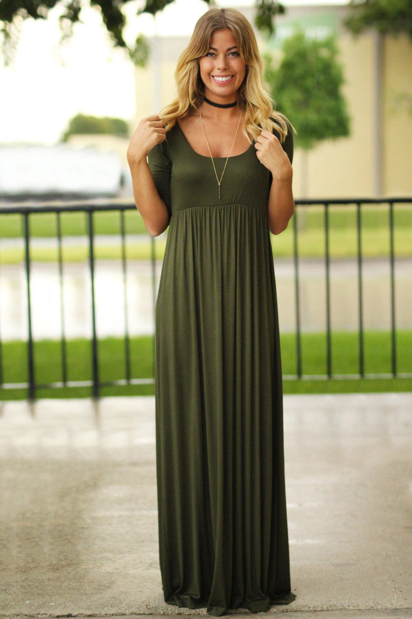 Olive Maxi Dress with Mid-Sleeves