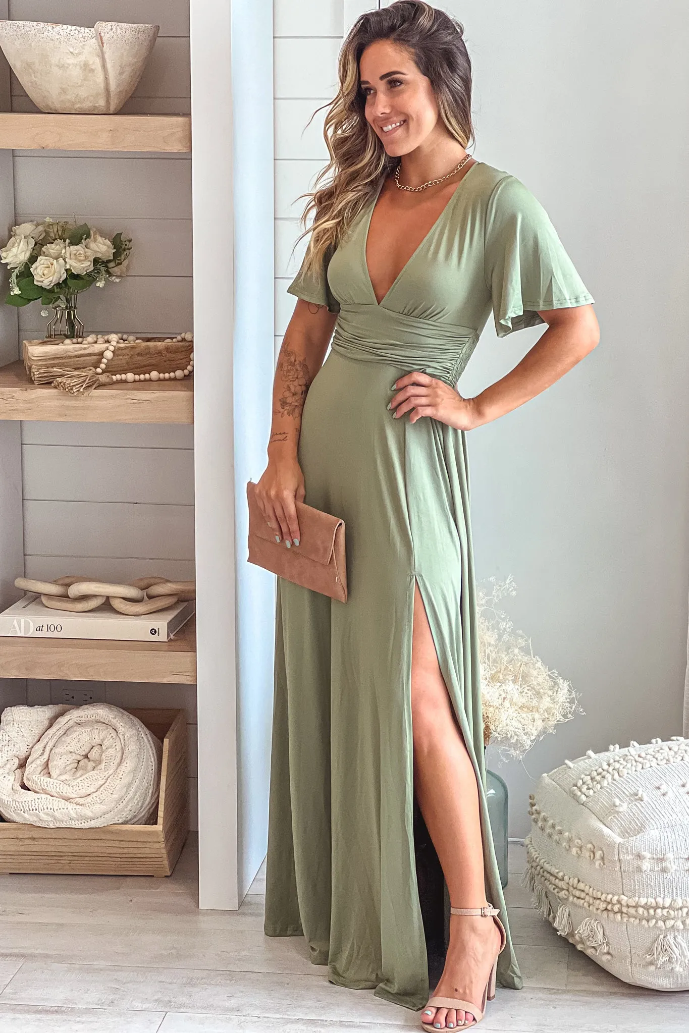 Olive Maxi Dress With Slit And Short Sleeves