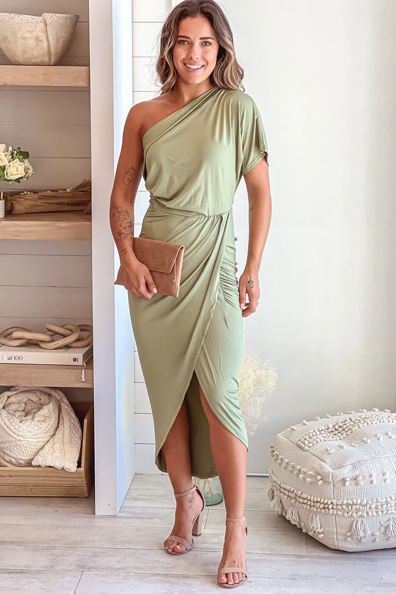 Olive One Shoulder Midi Dress