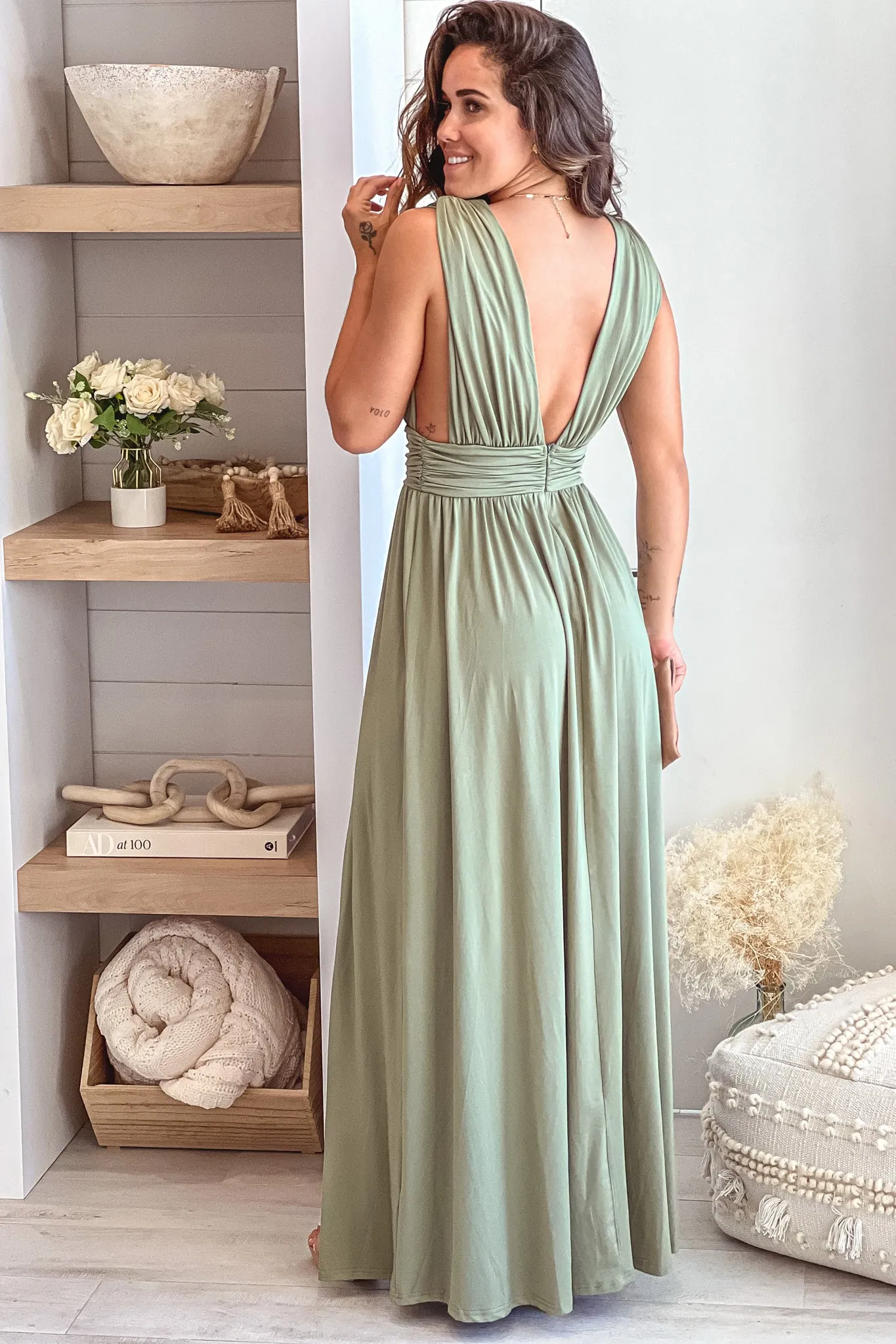 Olive Sleeveless V-Neck Maxi Dress With Slit