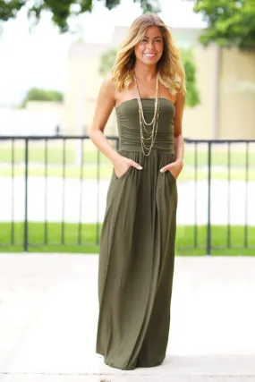 Olive Strapless Maxi Dress with Pockets