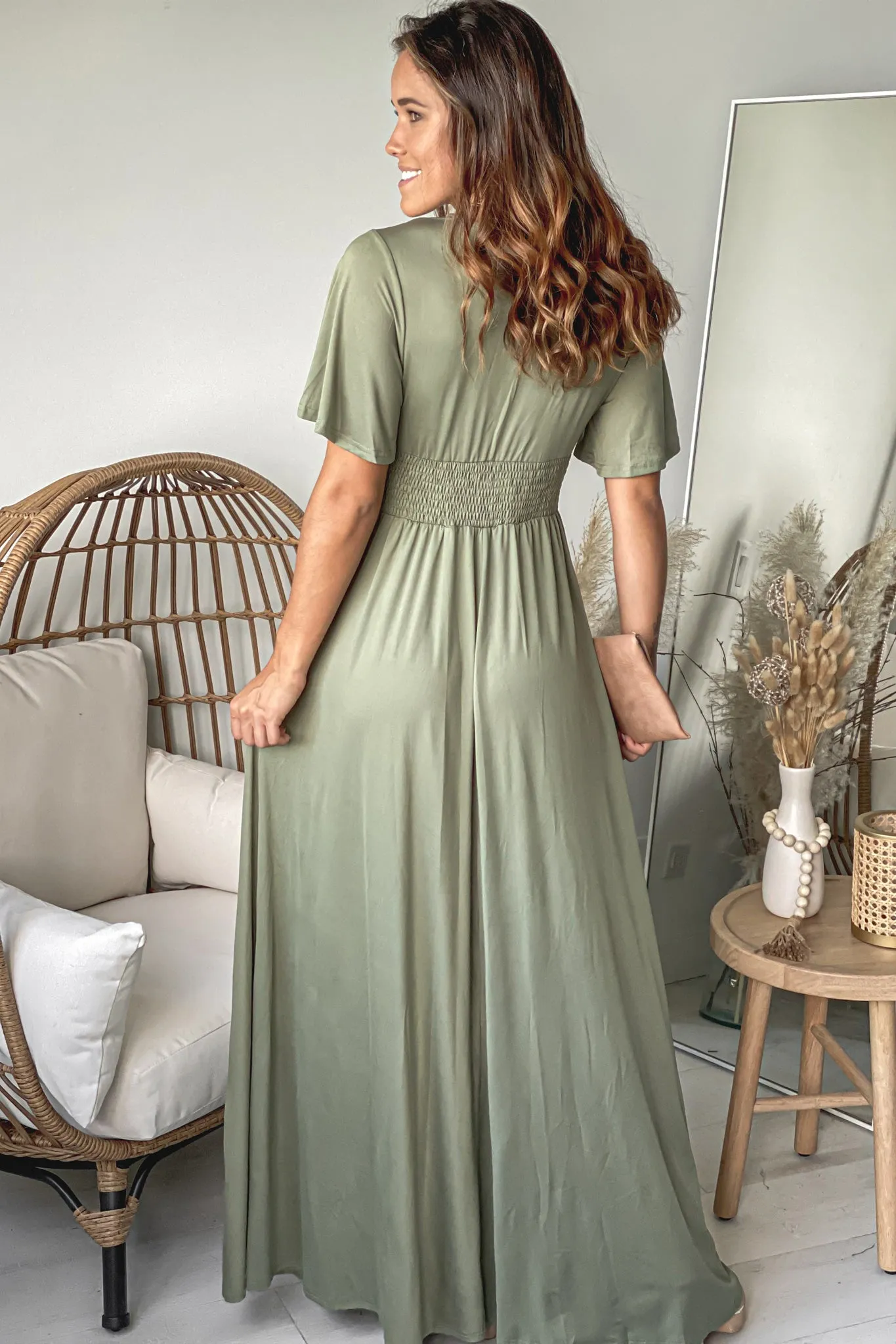 Olive V-Neck Maxi Dress With Short Sleeves