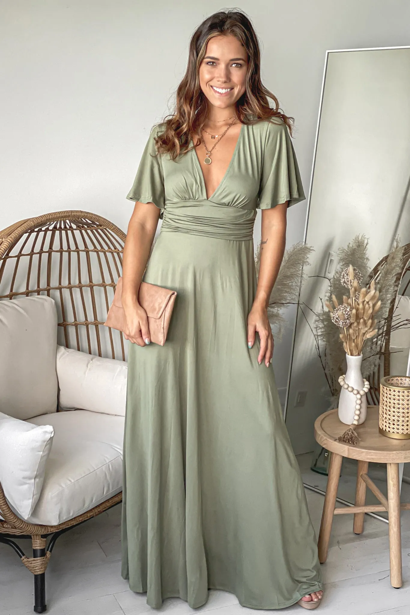 Olive V-Neck Maxi Dress With Short Sleeves