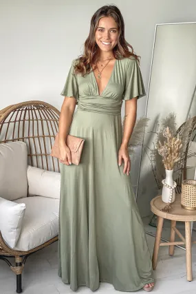 Olive V-Neck Maxi Dress With Short Sleeves