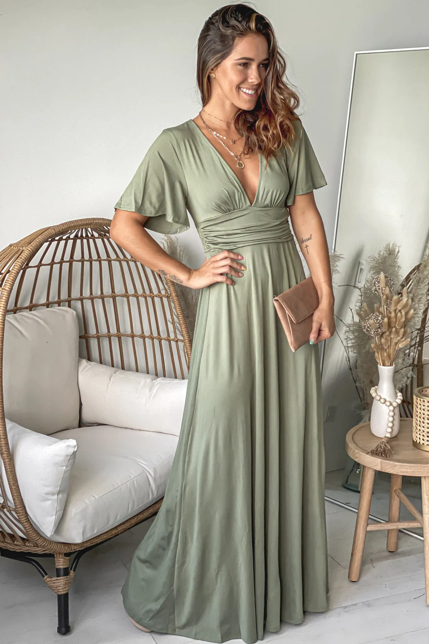 Olive V-Neck Maxi Dress With Short Sleeves