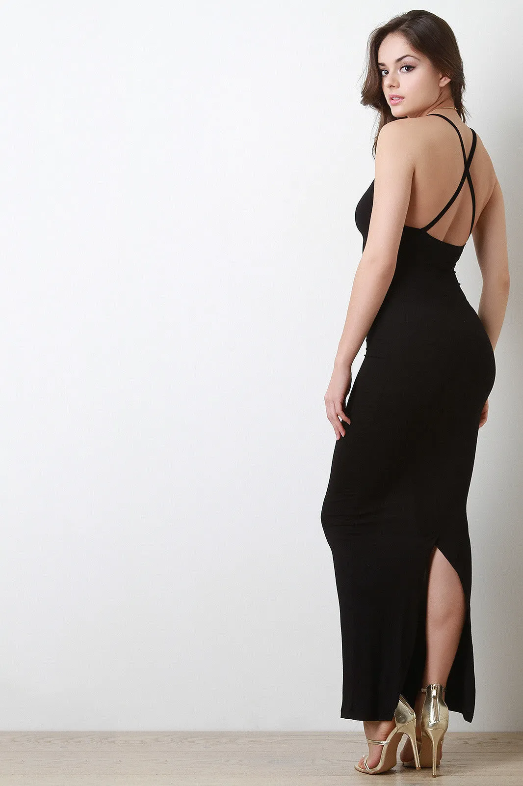 Open Back Cross Strap Bodycon Maxi Dress