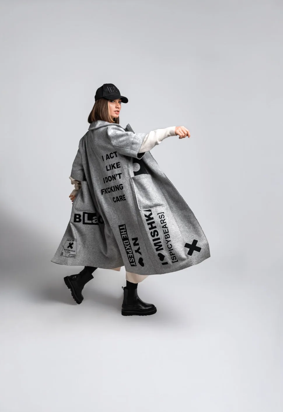 Oversized "MISHKA" Coat in Gray Semi-Wool with Black Velvet Details