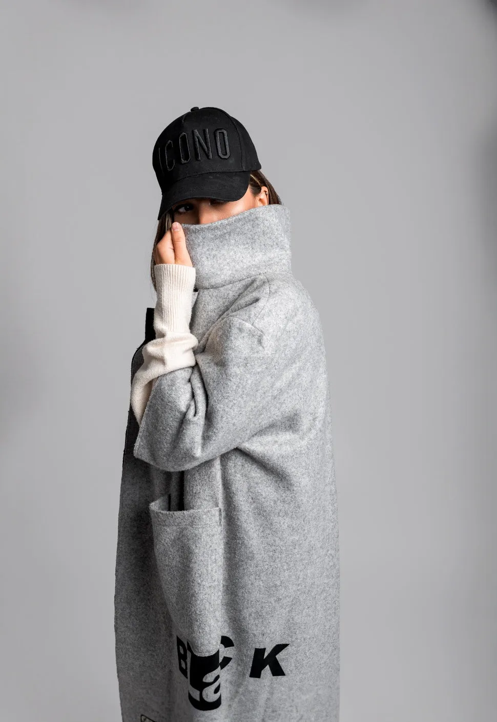 Oversized "MISHKA" Coat in Gray Semi-Wool with Black Velvet Details