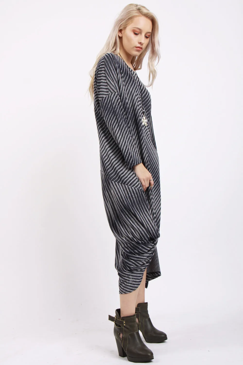 Oversized Stripe Side Slit Classic Jumper Dress in Black