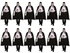 Pack of 12 Black Dracula Long Capes with Collar - Halloween Unisex Scary Vampire Fancy Dress Costume Accessories