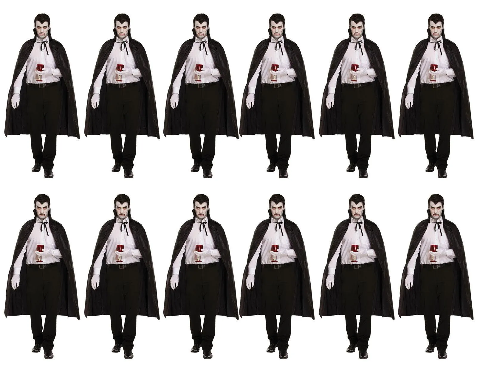 Pack of 12 Black Dracula Long Capes with Collar - Halloween Unisex Scary Vampire Fancy Dress Costume Accessories