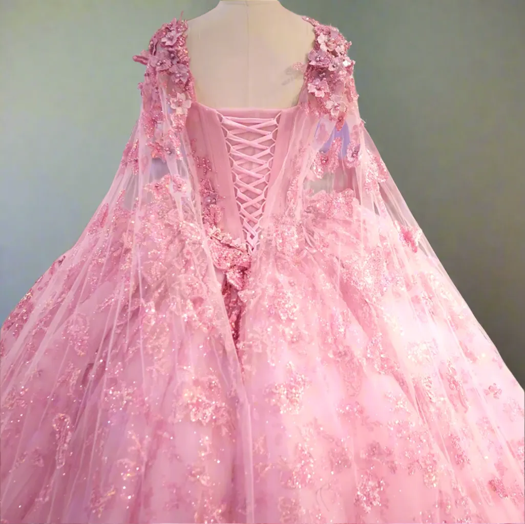 Pink Dress With Pink Cape Ball Gown Quinceañera