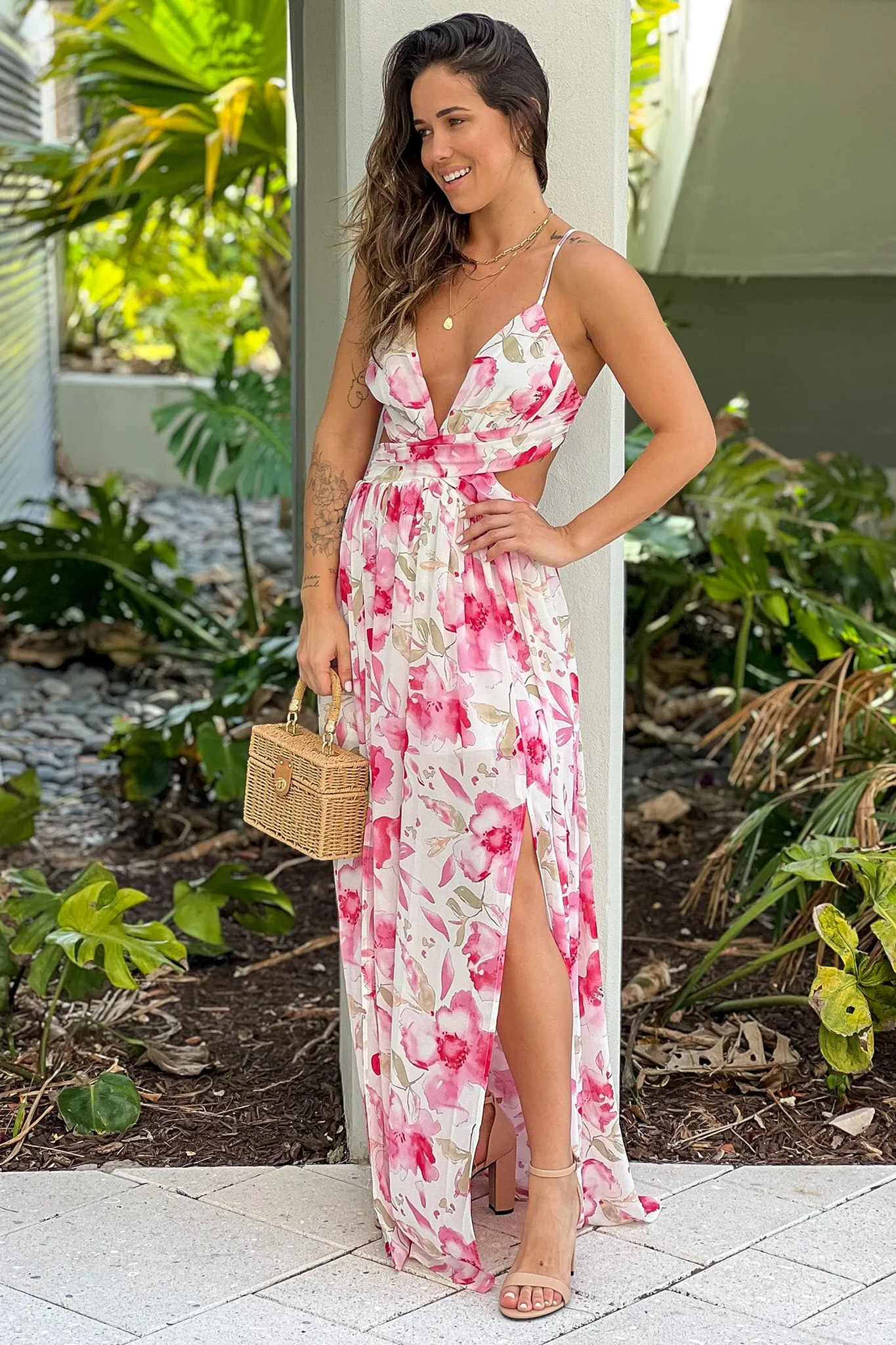 Pink Floral Maxi Dress With Cut Outs And Slit