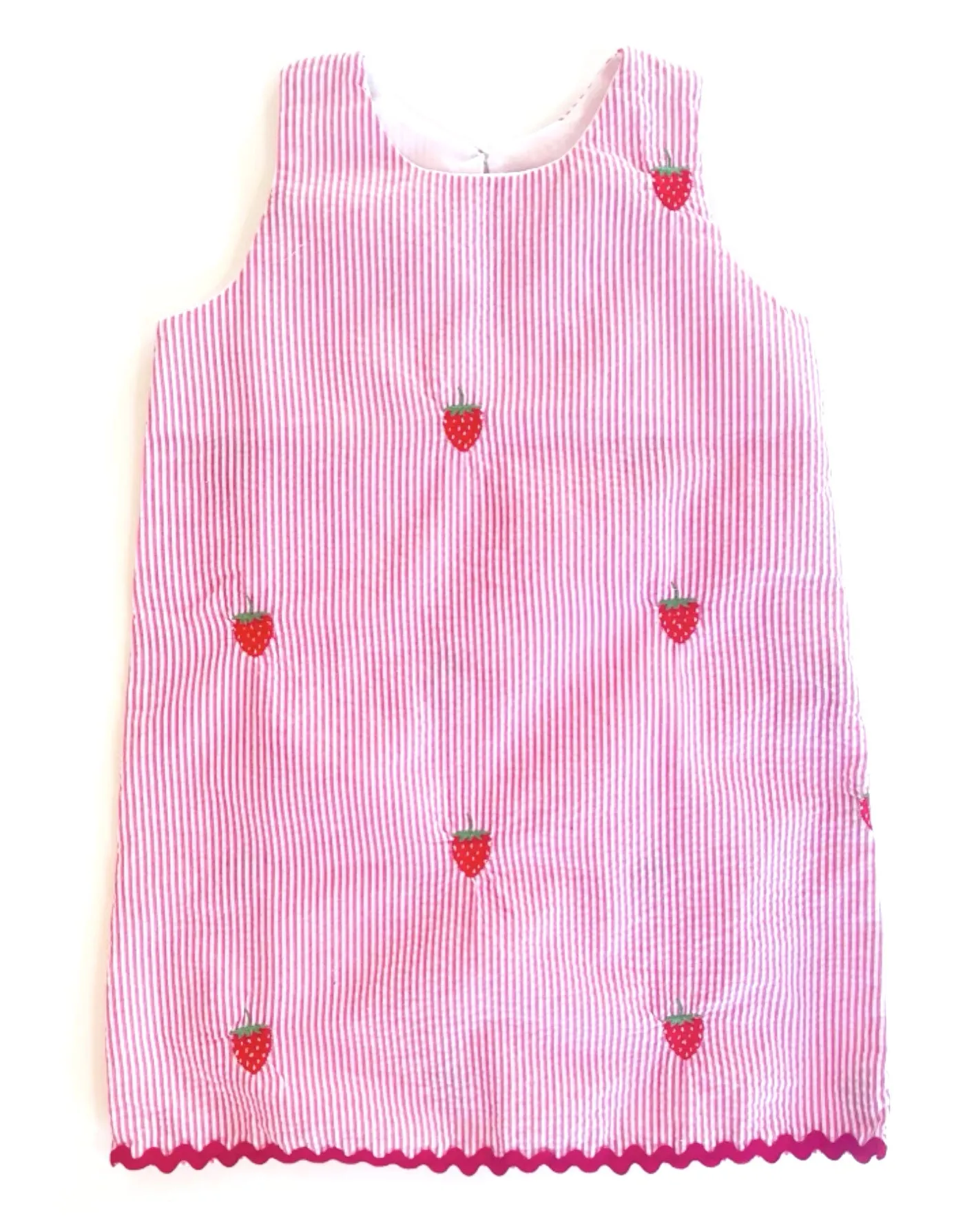 Pink Seersucker Girls Dress with Red Strawberries