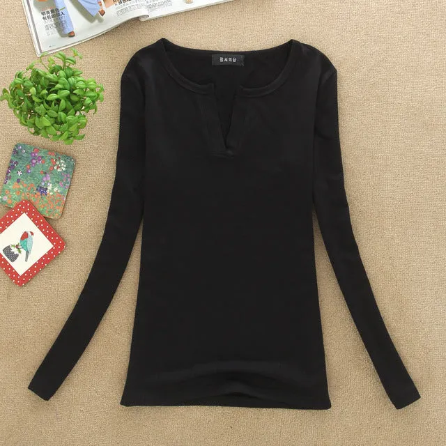 Plain V-Neck Sexy Slim Knitted Long Sleeve