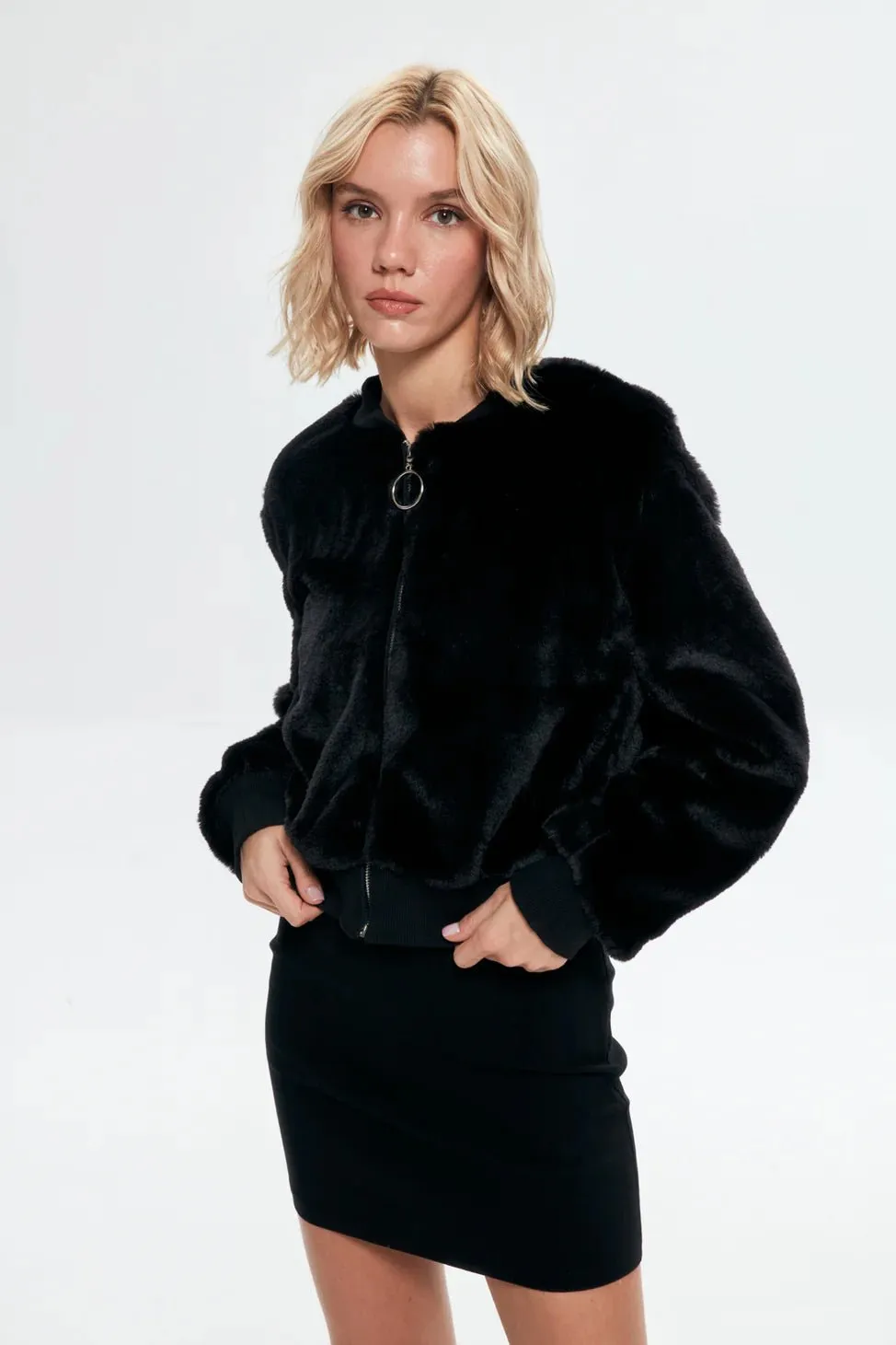 Plush Detailed Coat Jacket Black