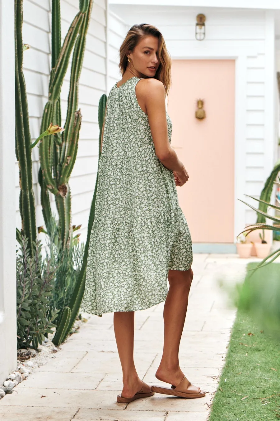 Rebecca High Neck Tiered Green Floral Dress