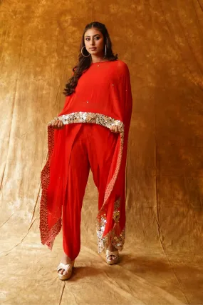 Red dupatta cape in georgette and inner with overlap dhoti