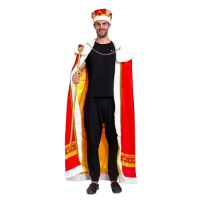 Regal King Royal Robe Cosplay Costume Set with King Crown and Scepter Red - Adult