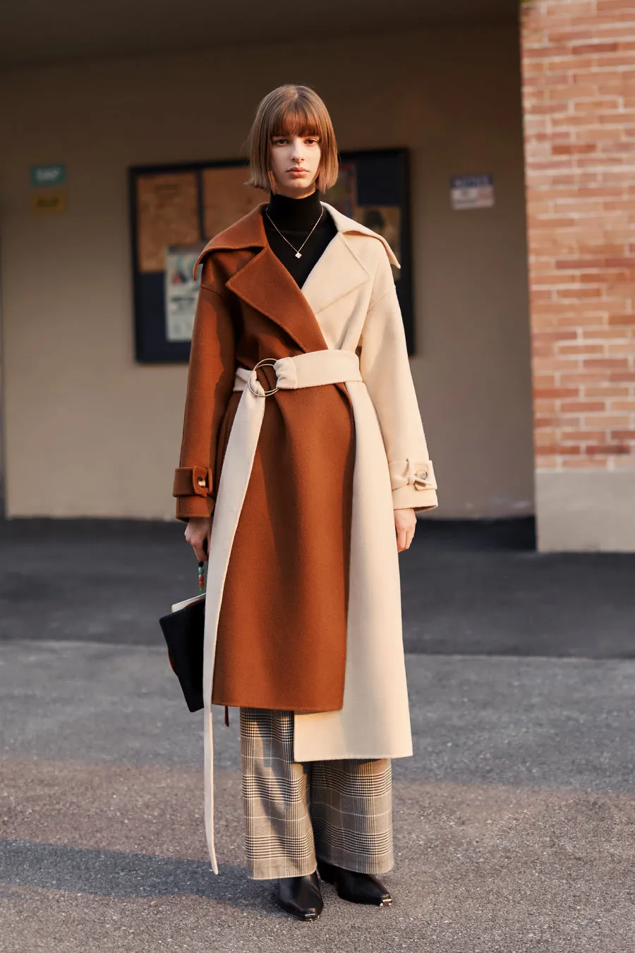 Retro stitching contrast color loose double-sided long wool coat