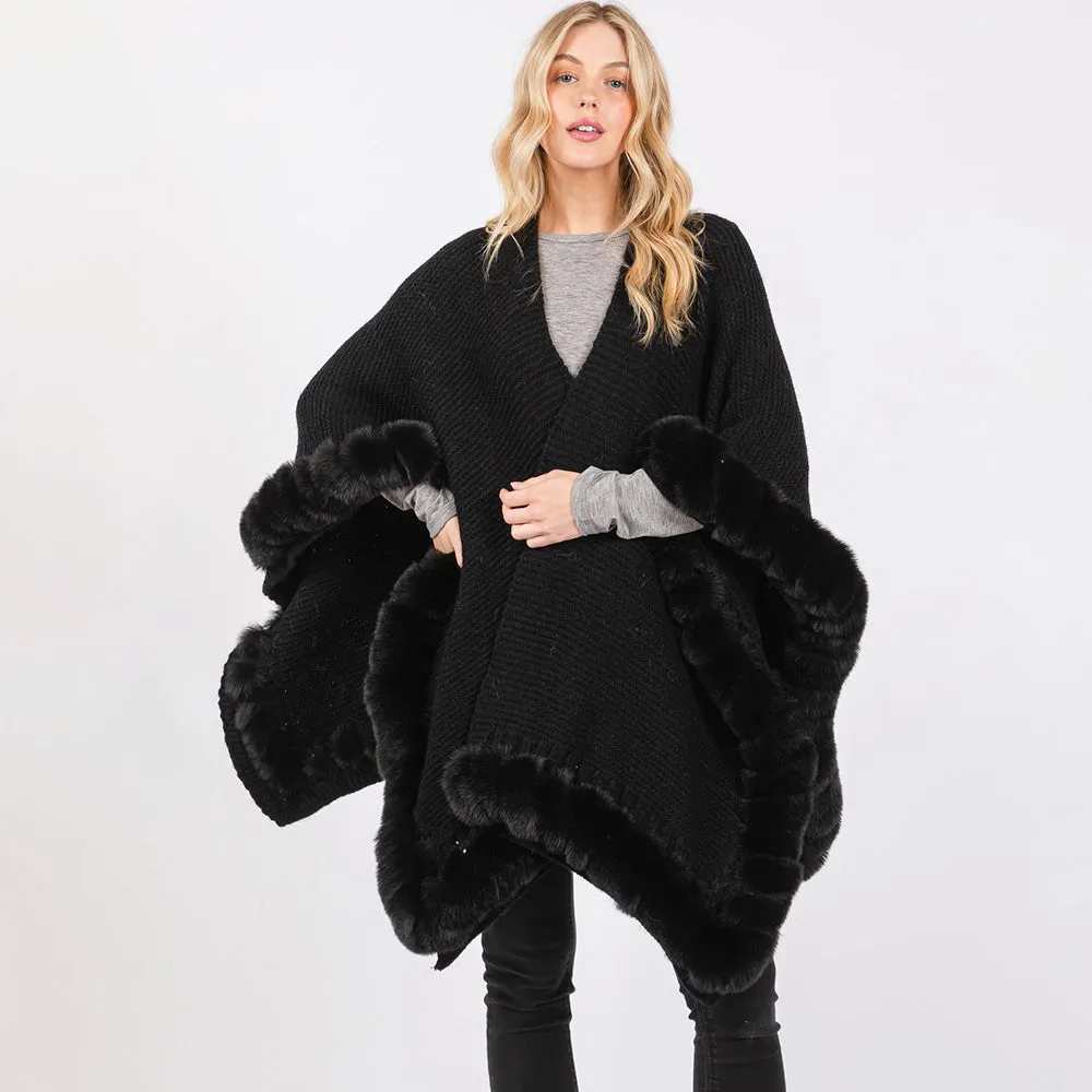 Ruana Faux Fur Trim Cape Black