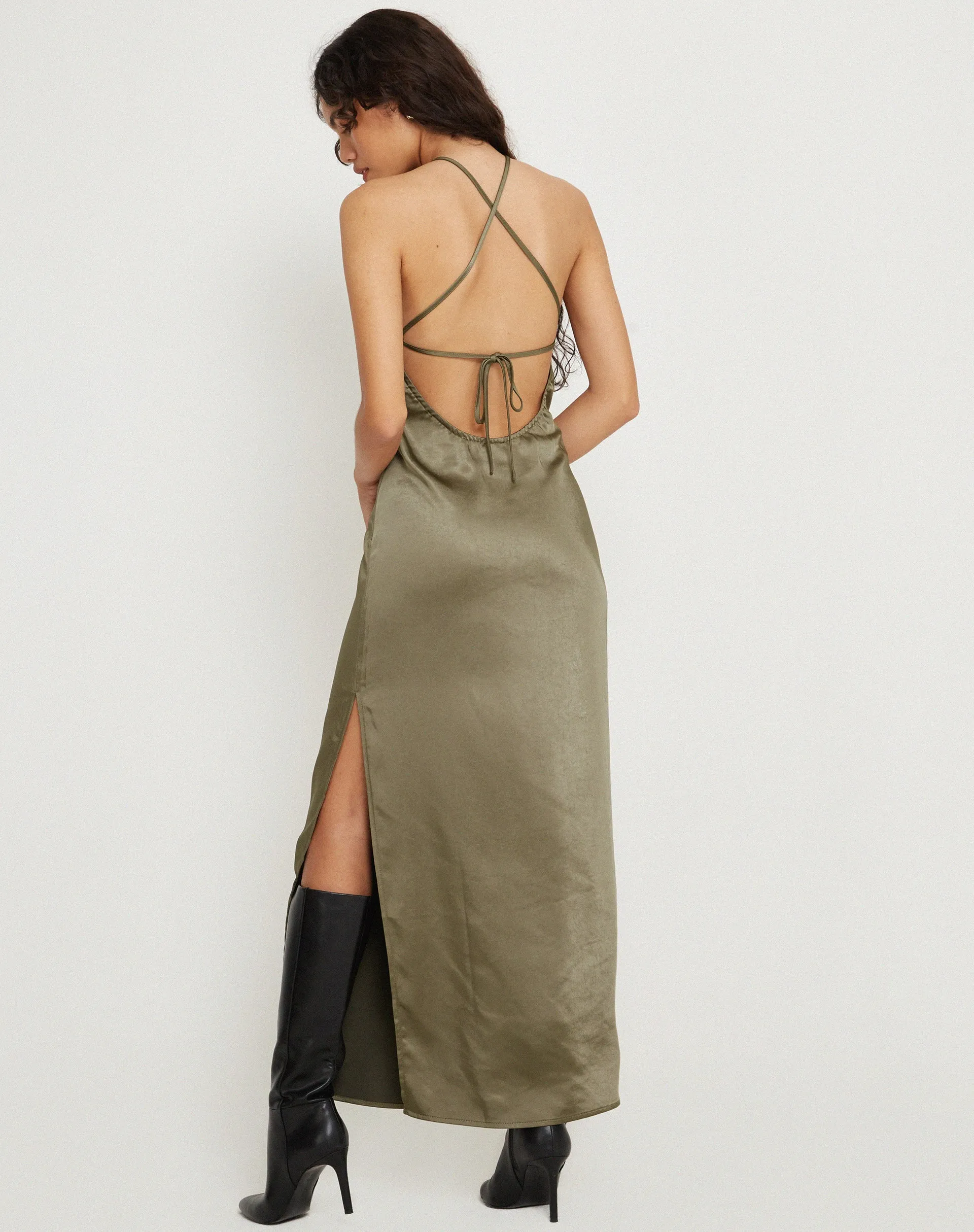 Salazar Halter Neck Maxi Dress in Satin Dark Olive