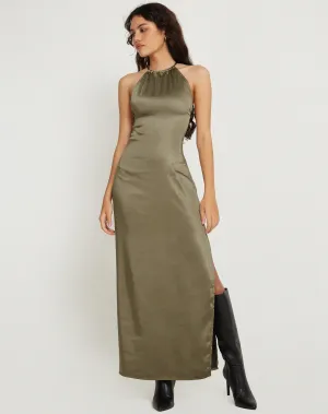 Salazar Halter Neck Maxi Dress in Satin Dark Olive