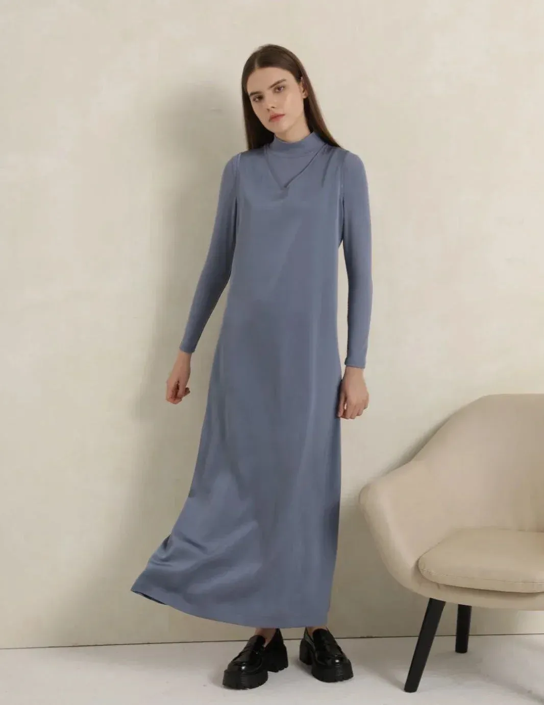 Satin Maxi Dress Rib Modal