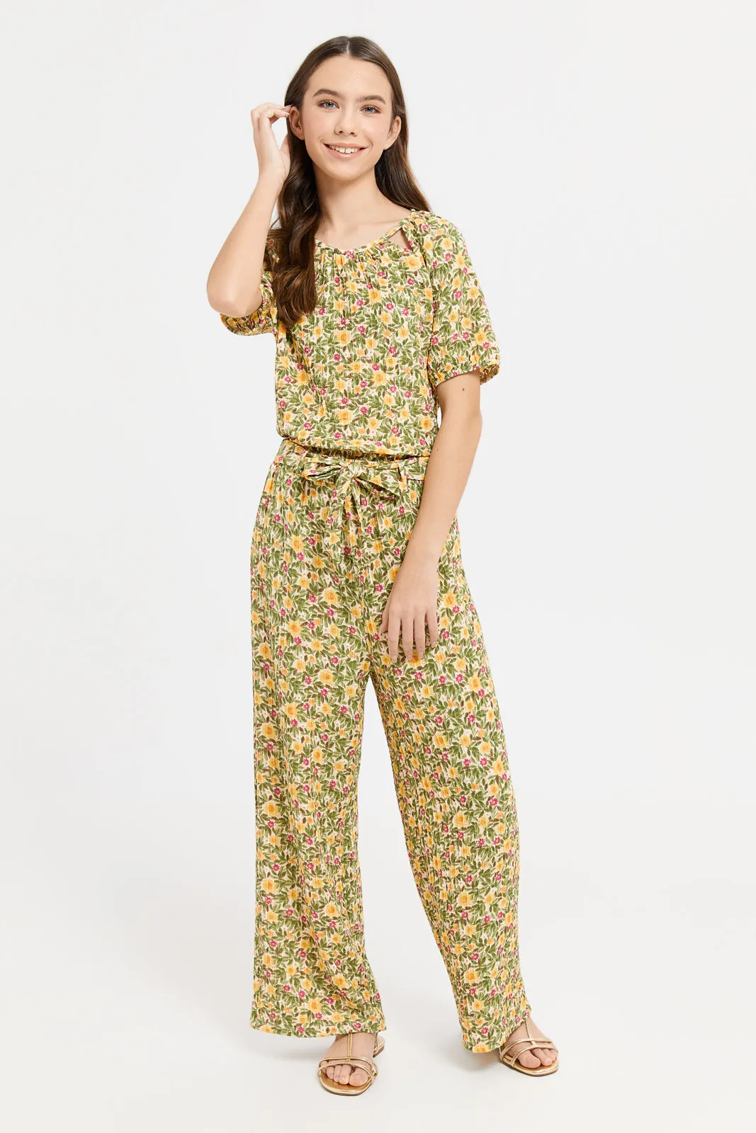 Senior Girls Cream Floral Print Wide Leg Pants