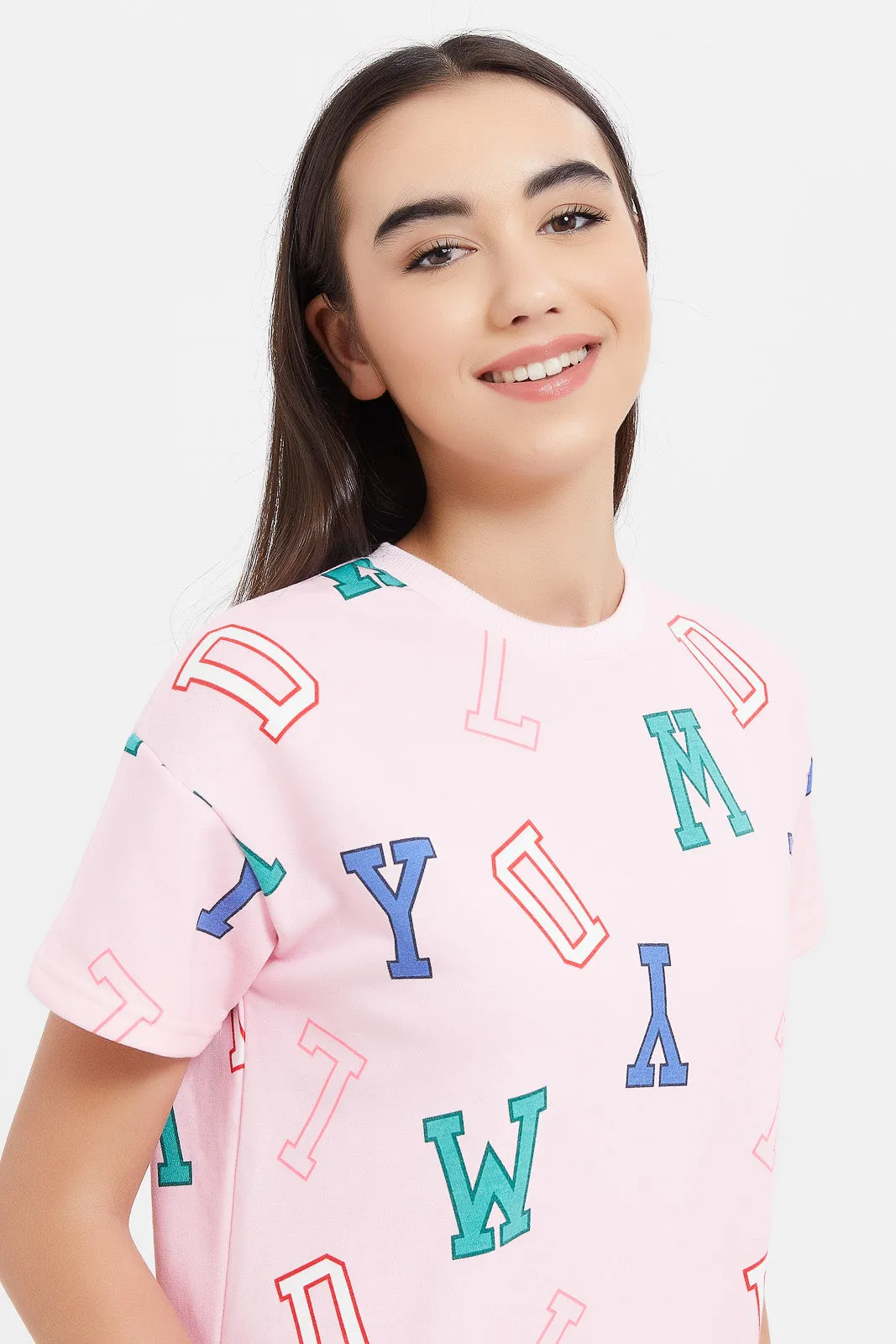 Senior Girls Pink Alphabet Print T-Shirt