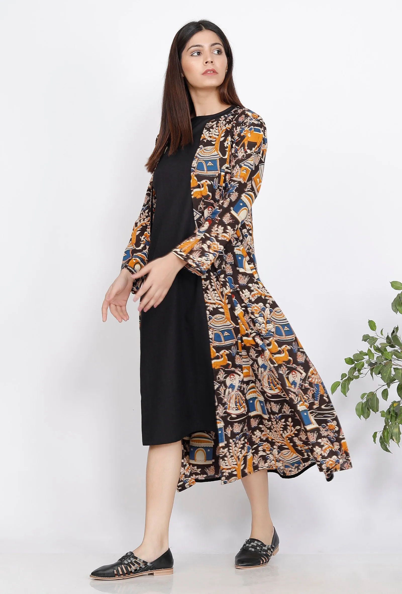 Set of 2 : Black A-Line Dress and Kalamkari Cape