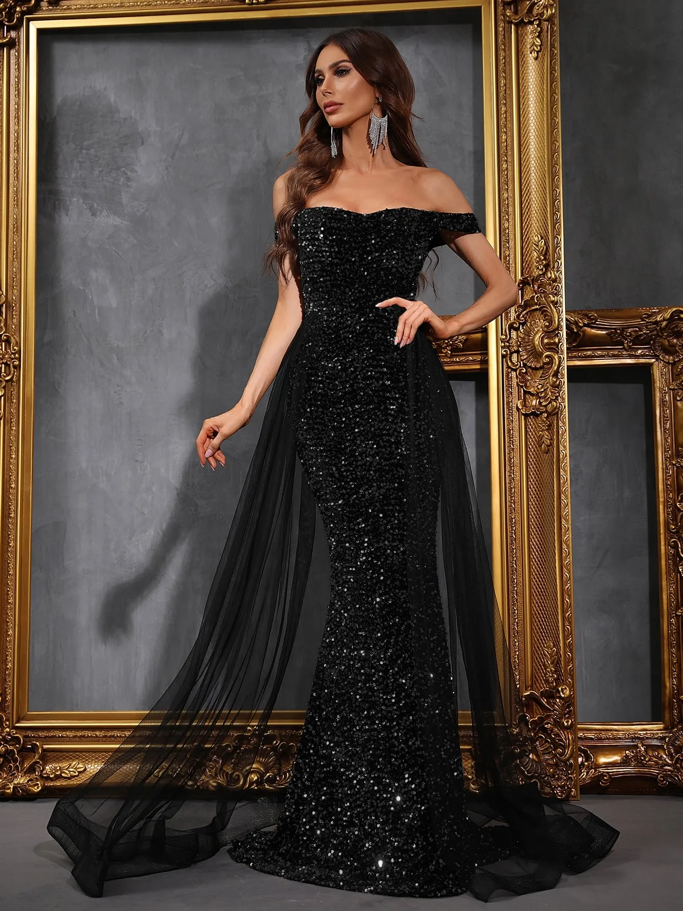 SHEIN Off Shoulder Mesh Panel Sequin Prom Dress