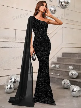 SHEIN One Shoulder Contrast Mesh Cloak Sleeve Sequins Prom Dress