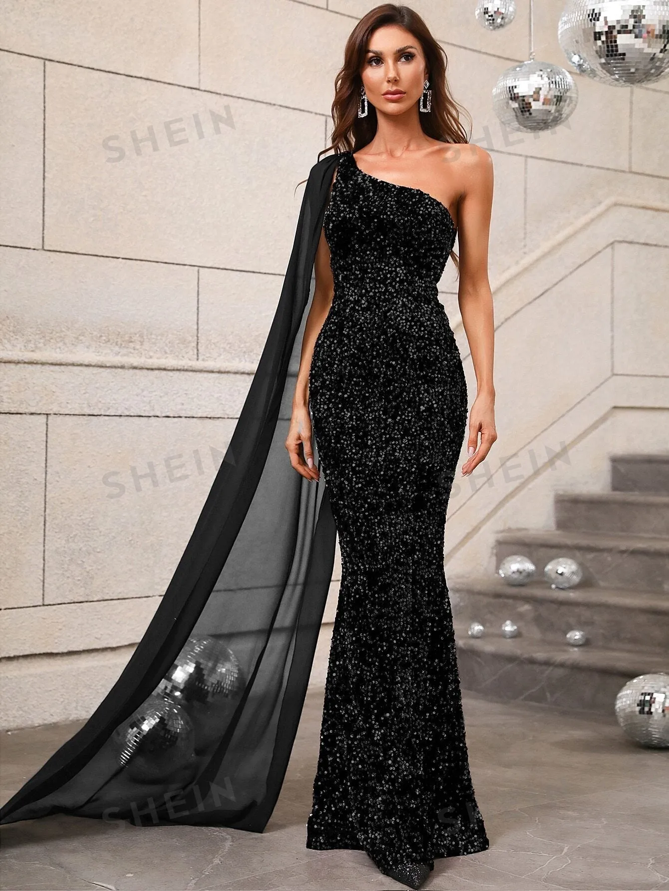 SHEIN One Shoulder Contrast Mesh Cloak Sleeve Sequins Prom Dress