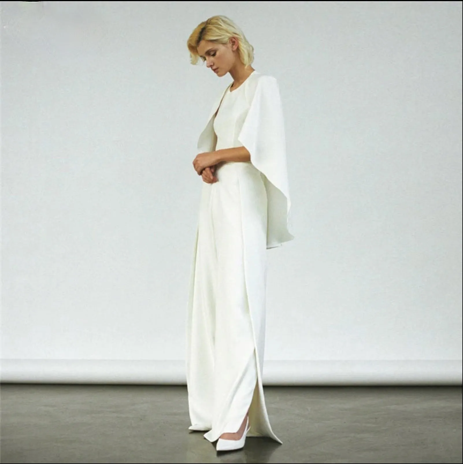 Simple Bridal Wedding Jumpsuit with Cape Reception Pantsuit