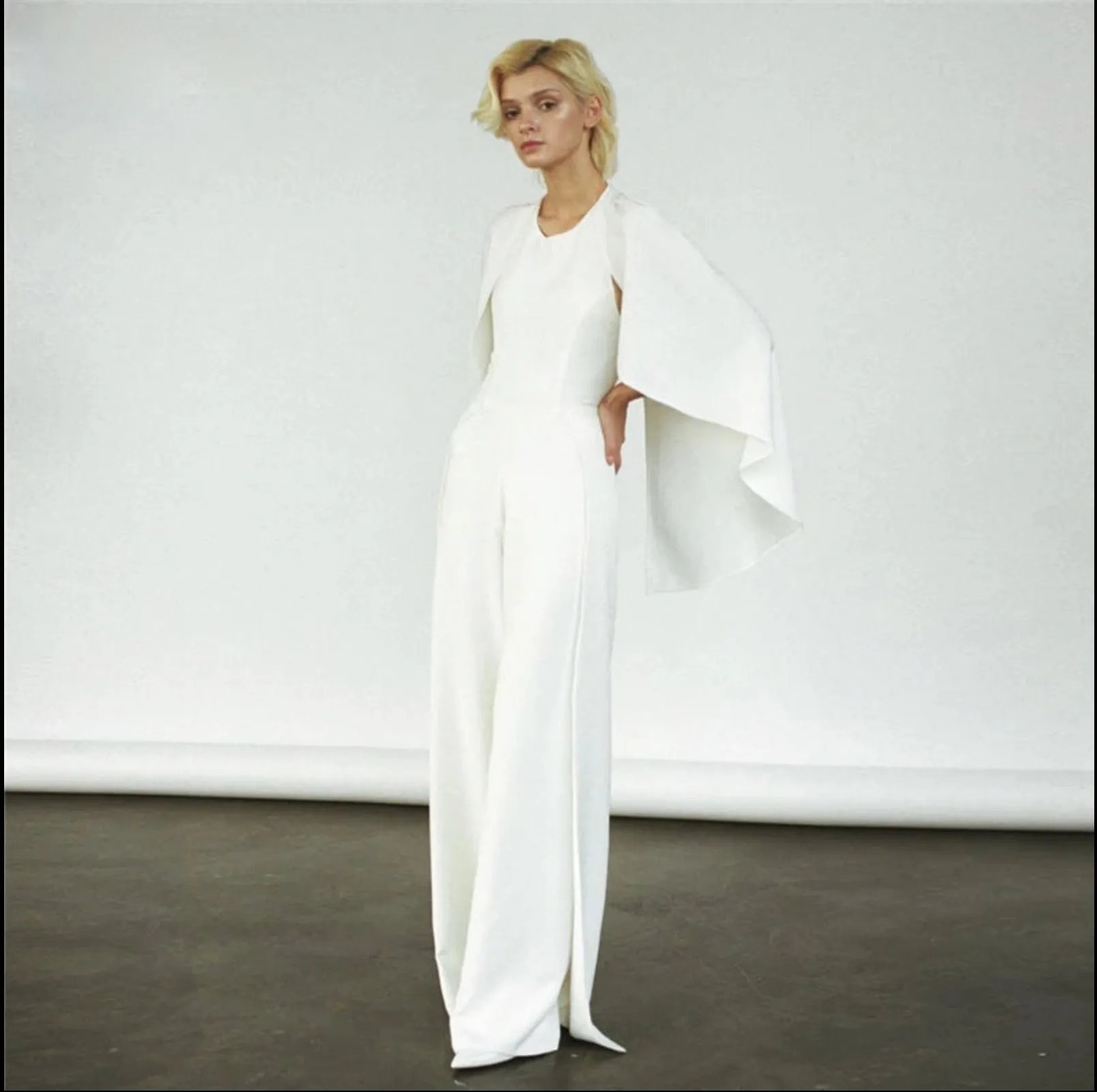 Simple Bridal Wedding Jumpsuit with Cape Reception Pantsuit