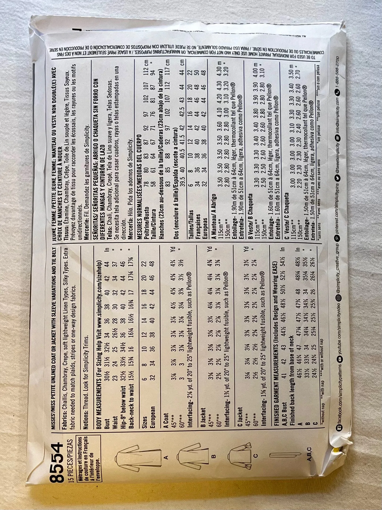 Simplicity Easy-to-Sew 8554 UNCUT Coat Sizes 6-14