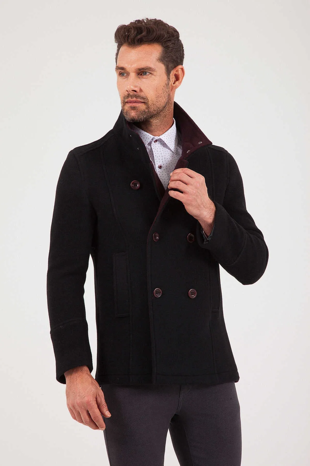 Slim Fit Notch Lapel JPTR Vegas Wool Light Brown Overcoat, Black Burgundy