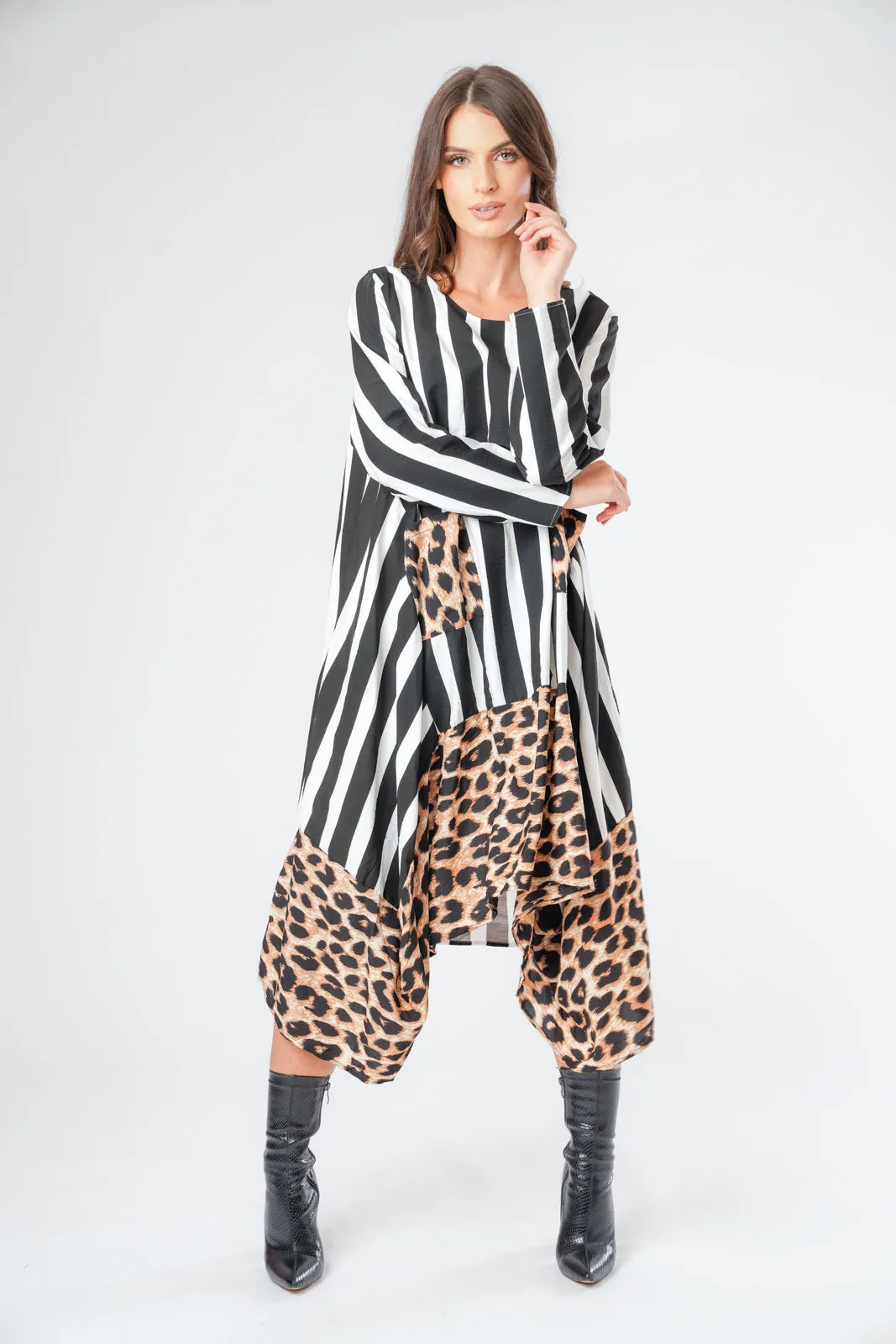 Stripe and Leopard Print Border Floaty Asymmetric Dress