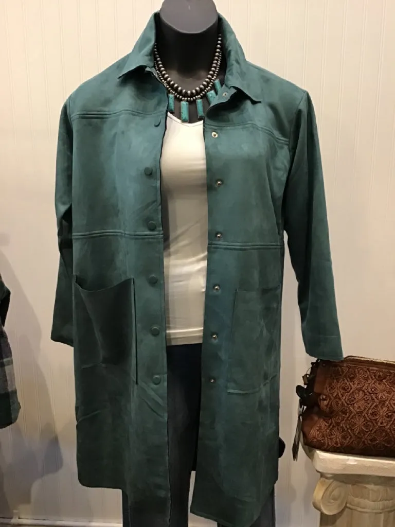 Teal Faux Suede Snap Front Coat - Small to 3X