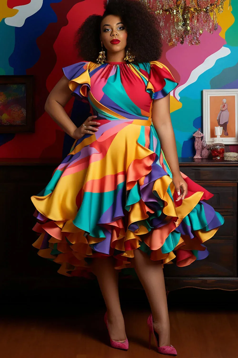 Trendy Pleated Multicolor Petal Sleeve Satin Maxi Dress