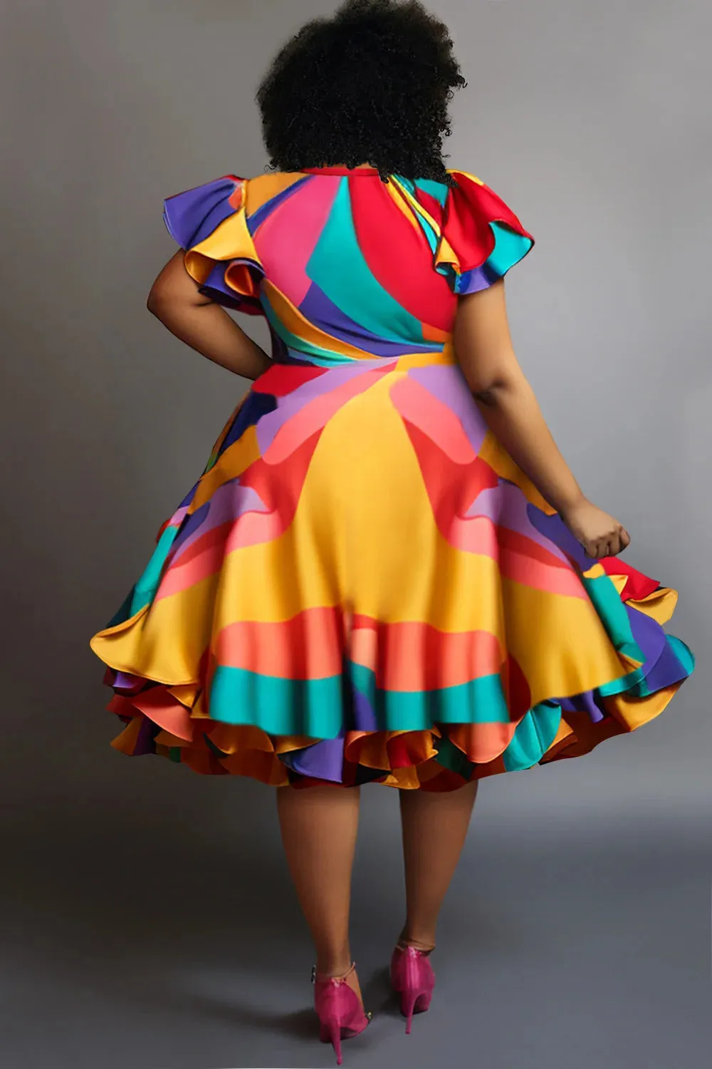 Trendy Pleated Multicolor Petal Sleeve Satin Maxi Dress