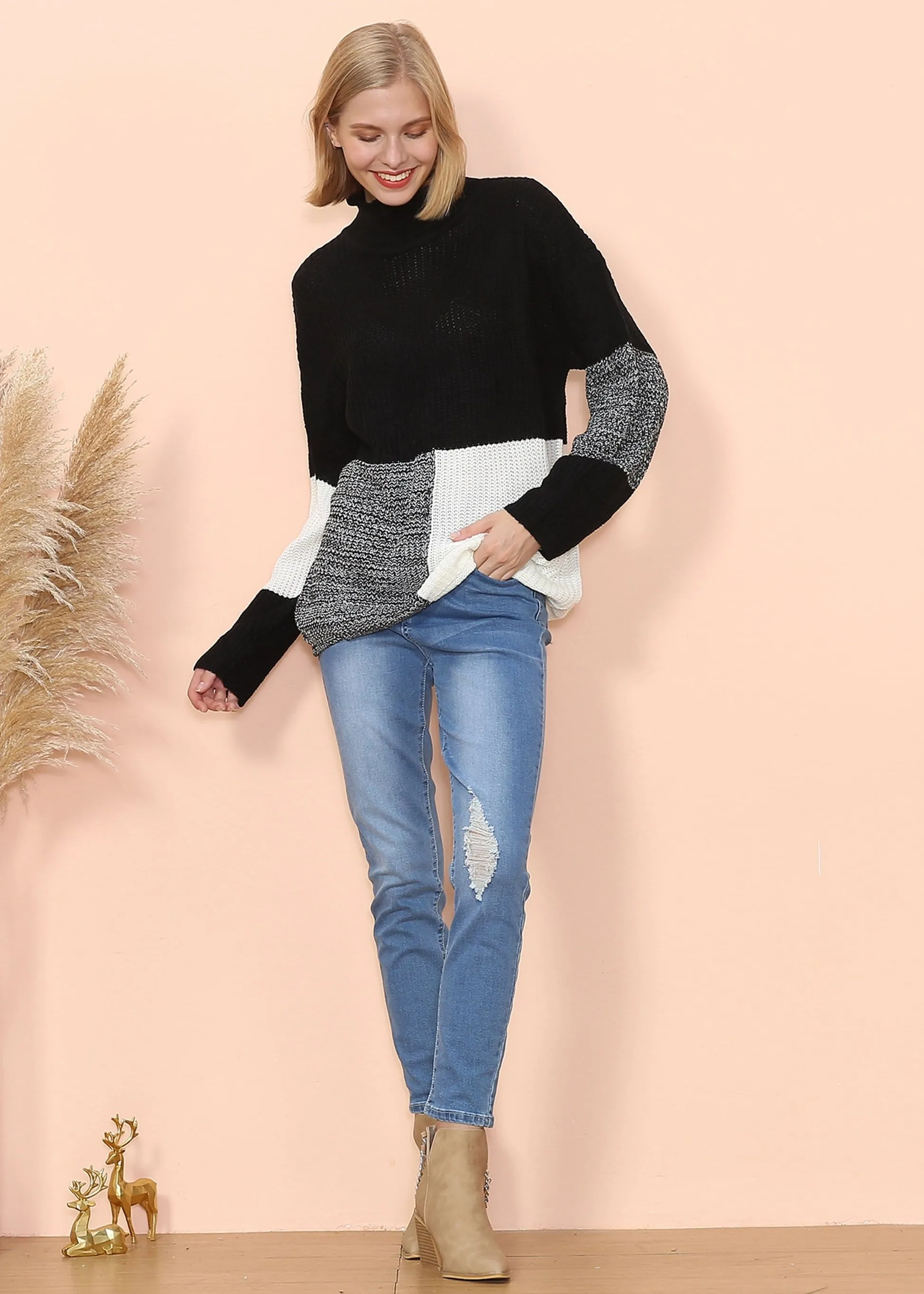 Turtleneck Color Block Knit Sweater