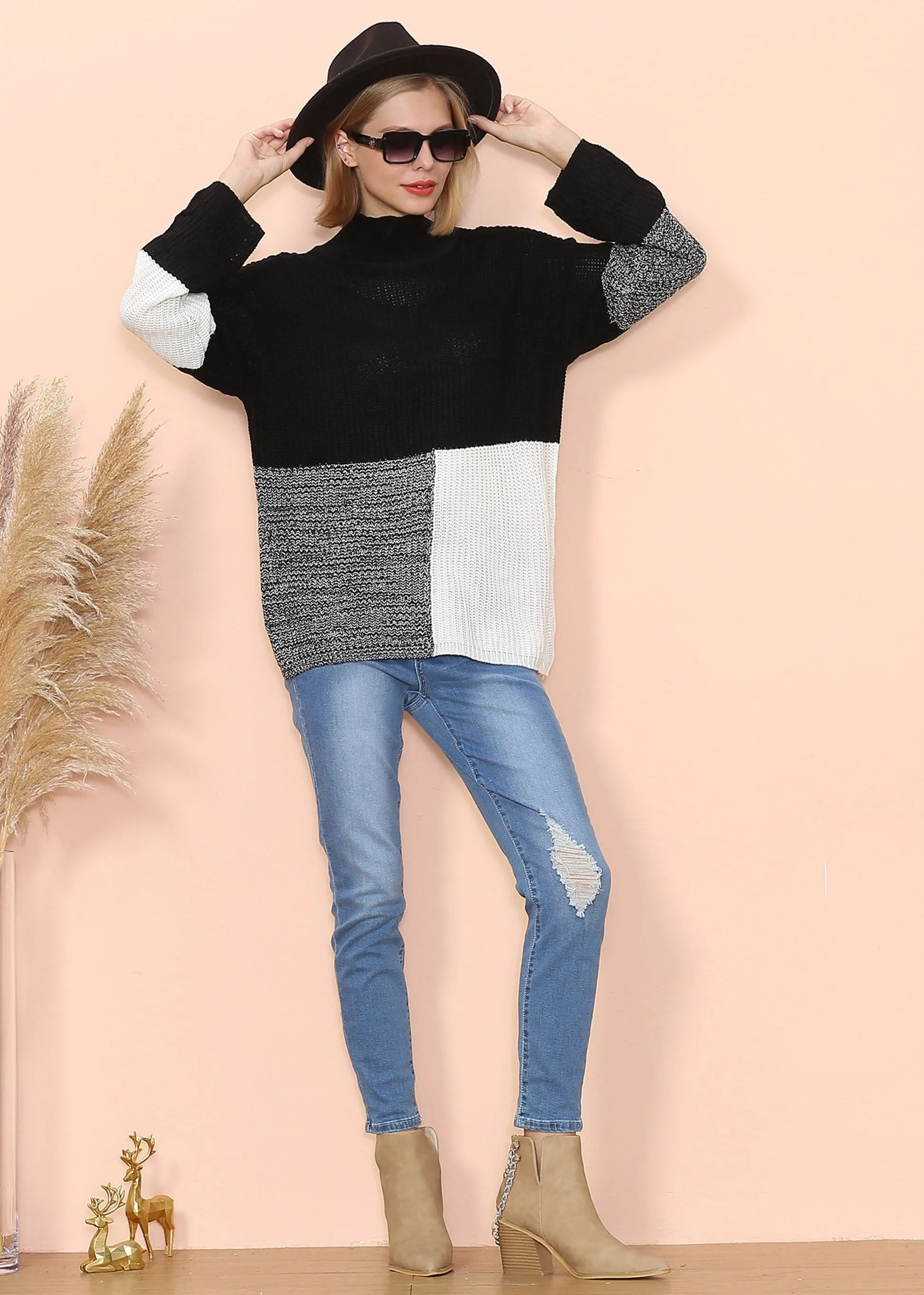 Turtleneck Color Block Knit Sweater