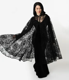 Unique Vintage Black Mesh & Velvet Spiderweb Clarke Long Cape